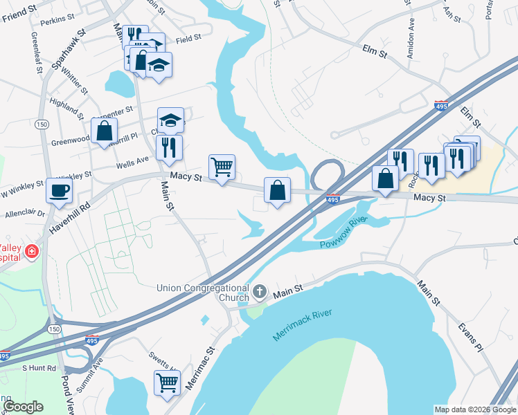 map of restaurants, bars, coffee shops, grocery stores, and more near 45 Macy Street in Amesbury