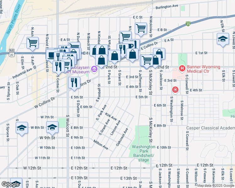 map of restaurants, bars, coffee shops, grocery stores, and more near 434 South Grant Street in Casper