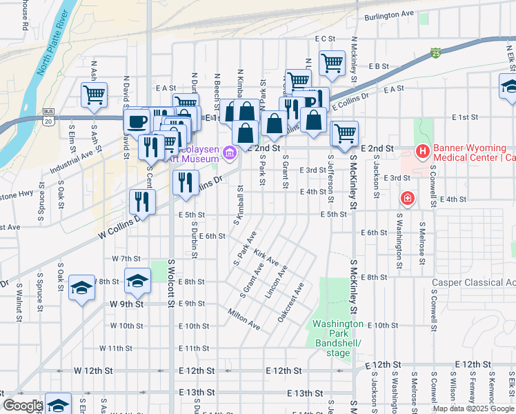 map of restaurants, bars, coffee shops, grocery stores, and more near 432 South Park Street in Casper