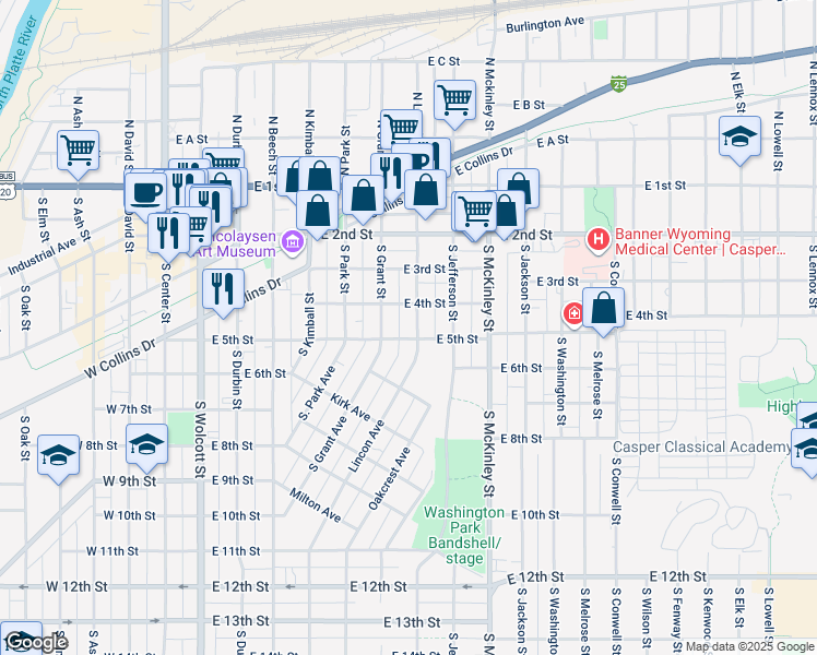 map of restaurants, bars, coffee shops, grocery stores, and more near 430 South Lincoln Street in Casper