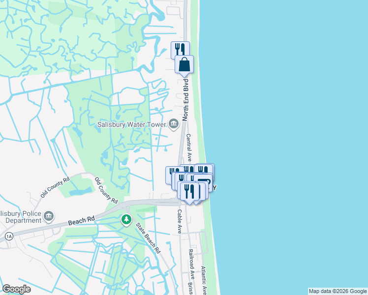 map of restaurants, bars, coffee shops, grocery stores, and more near 76 North End Boulevard in Salisbury
