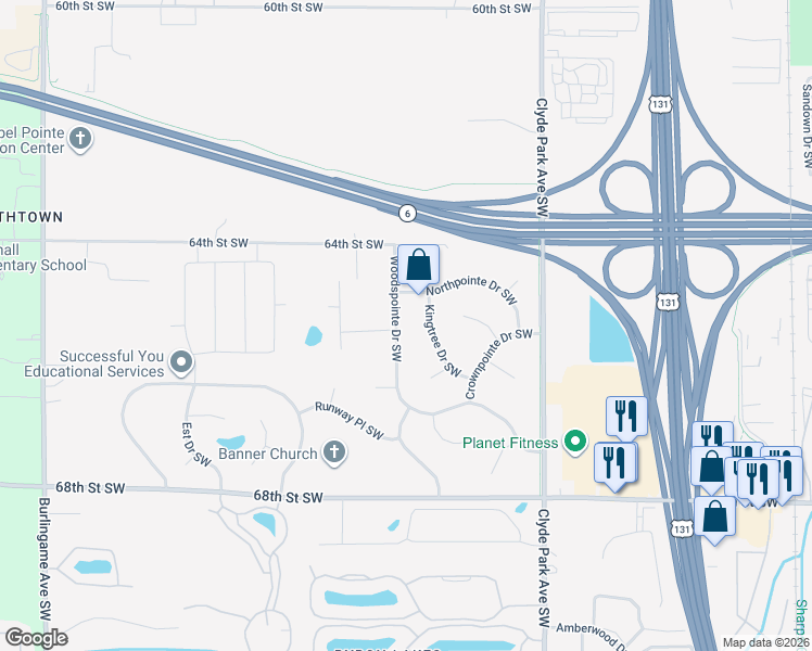 map of restaurants, bars, coffee shops, grocery stores, and more near 1125 Woodspointe Drive Southwest in Byron Center