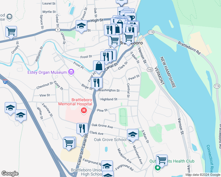 map of restaurants, bars, coffee shops, grocery stores, and more near 109 Washington Street in Brattleboro