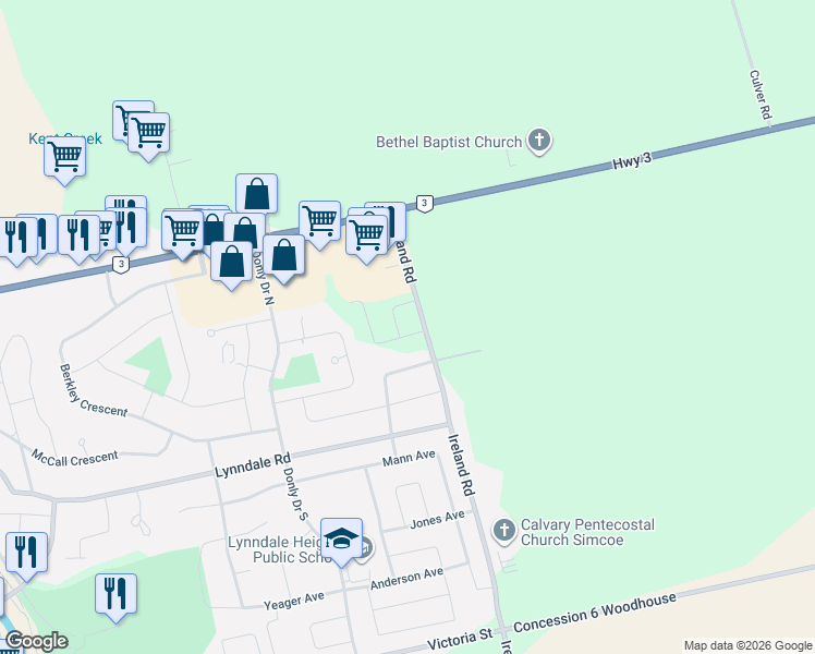 map of restaurants, bars, coffee shops, grocery stores, and more near 89-277 Ireland Road in Norfolk County