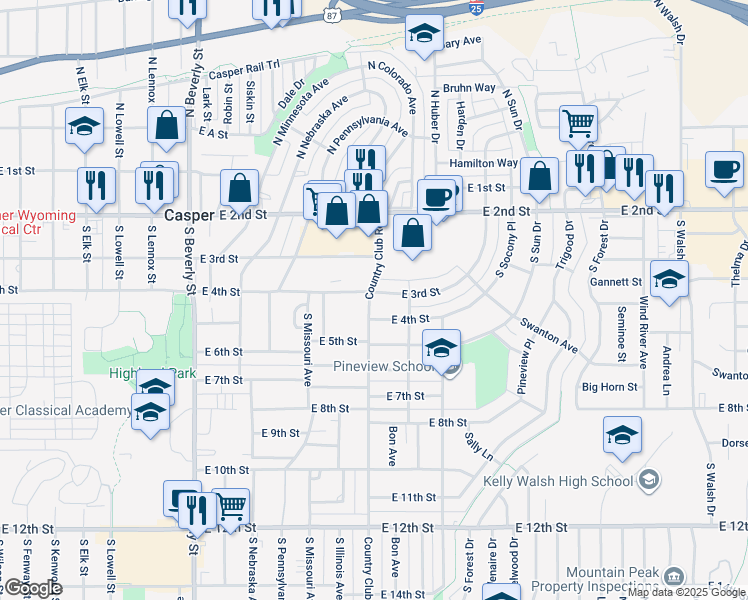 map of restaurants, bars, coffee shops, grocery stores, and more near 307 Country Club Road in Casper