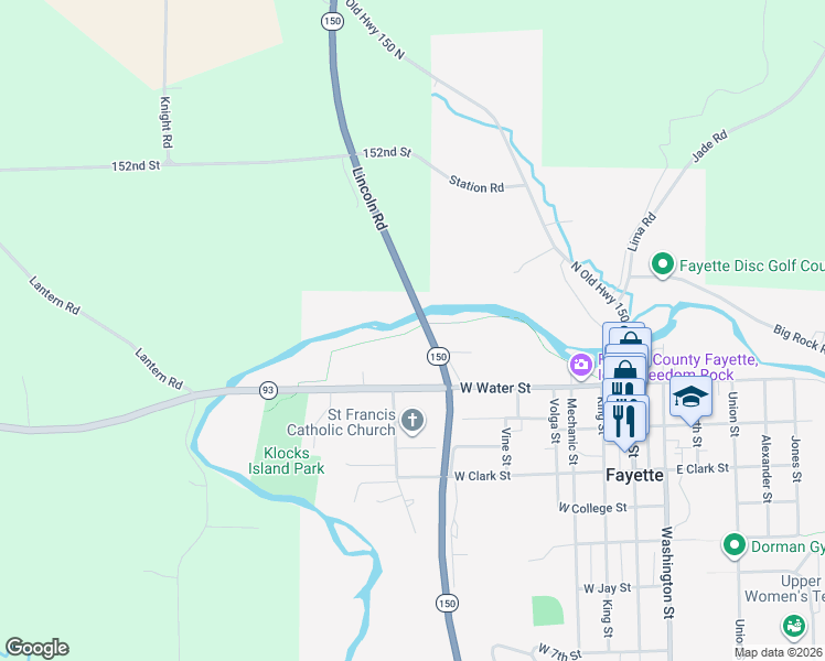 map of restaurants, bars, coffee shops, grocery stores, and more near Fayette Recreational Trail in Fayette