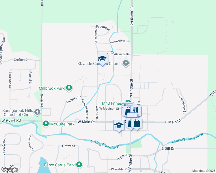 map of restaurants, bars, coffee shops, grocery stores, and more near 521 North Scott Street in DeWitt
