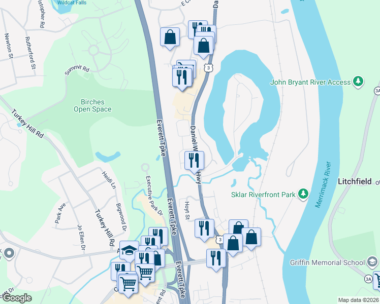 map of restaurants, bars, coffee shops, grocery stores, and more near 23 Arlington Street in Merrimack
