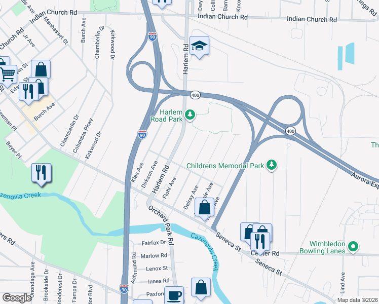 map of restaurants, bars, coffee shops, grocery stores, and more near 129 Flohr Avenue in Buffalo
