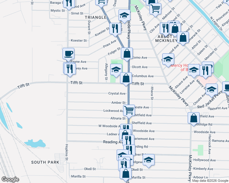 map of restaurants, bars, coffee shops, grocery stores, and more near 194 Crystal Avenue in Buffalo