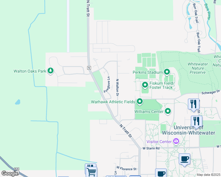 map of restaurants, bars, coffee shops, grocery stores, and more near 615 Foxglove Lane in Whitewater