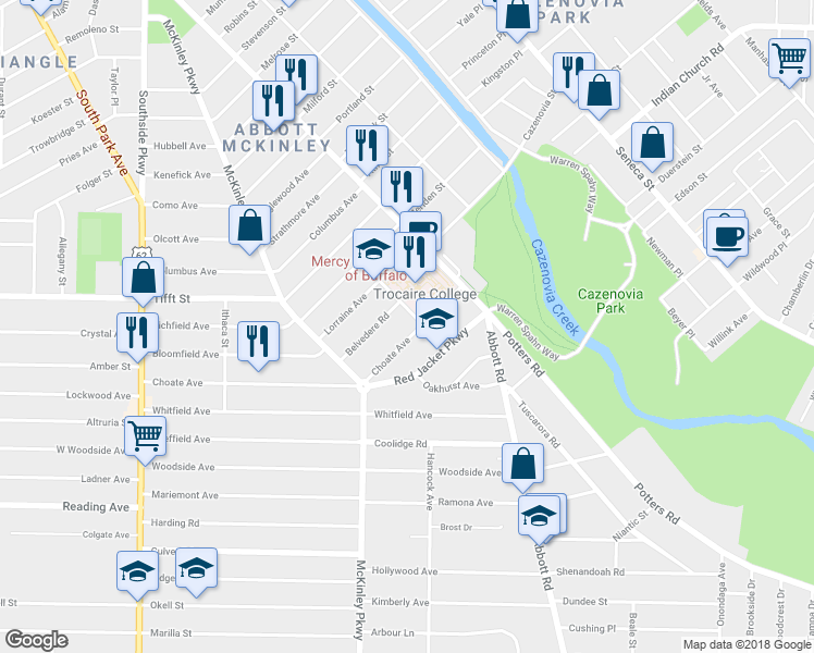 map of restaurants, bars, coffee shops, grocery stores, and more near 308 Choate Avenue in Buffalo
