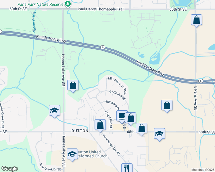 map of restaurants, bars, coffee shops, grocery stores, and more near 6351 Millstream Loop Southeast in Caledonia