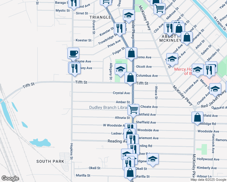 map of restaurants, bars, coffee shops, grocery stores, and more near 156 Crystal Avenue in Buffalo