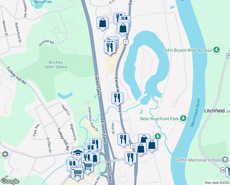 map of restaurants, bars, coffee shops, grocery stores, and more near 4 Concord Road in Merrimack