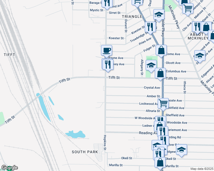 map of restaurants, bars, coffee shops, grocery stores, and more near 317 Hopkins Street in Buffalo