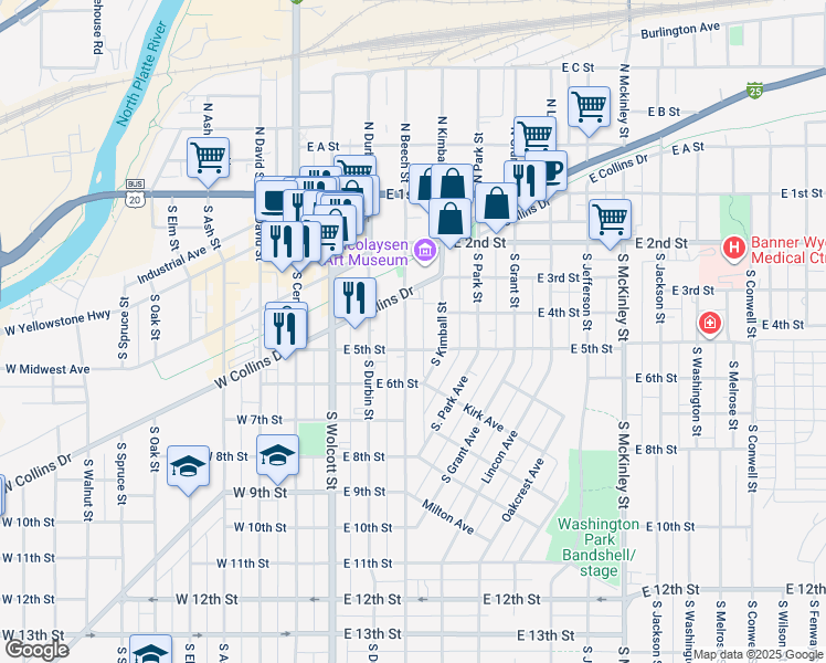 map of restaurants, bars, coffee shops, grocery stores, and more near 423 South Beech Street in Casper