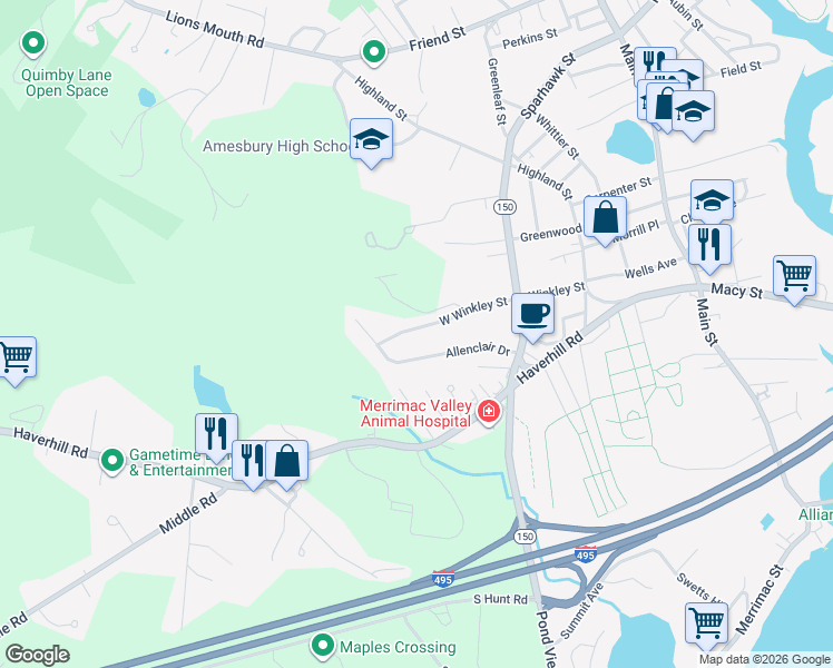 map of restaurants, bars, coffee shops, grocery stores, and more near 17 West Winkley Street in Amesbury