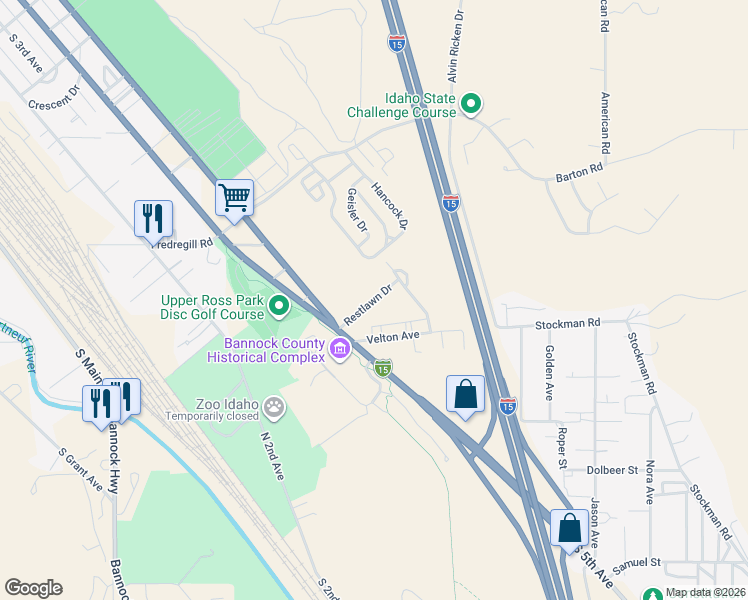 map of restaurants, bars, coffee shops, grocery stores, and more near Restlawn Drive in Pocatello