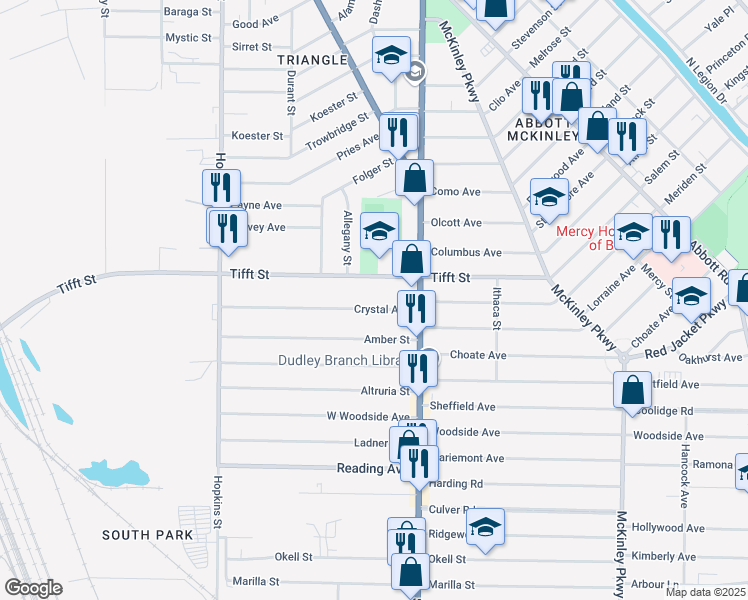 map of restaurants, bars, coffee shops, grocery stores, and more near 194 Crystal Avenue in Buffalo
