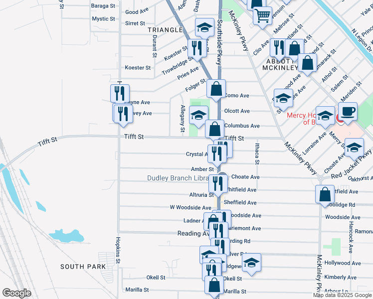 map of restaurants, bars, coffee shops, grocery stores, and more near 156 Crystal Avenue in Buffalo