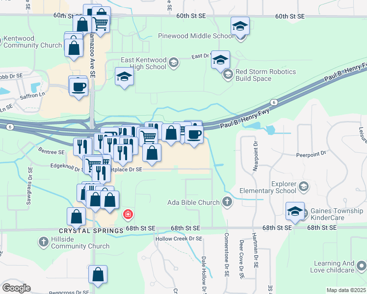 map of restaurants, bars, coffee shops, grocery stores, and more near 1849 Marketplace Drive Southeast in Caledonia