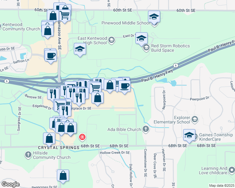 map of restaurants, bars, coffee shops, grocery stores, and more near 1849 Marketplace Drive Southeast in Caledonia