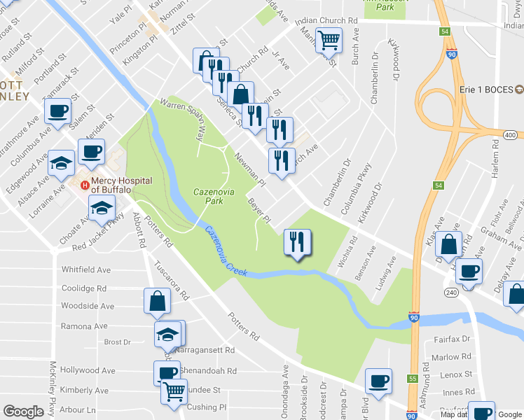 map of restaurants, bars, coffee shops, grocery stores, and more near 2 Wildwood Place in Buffalo