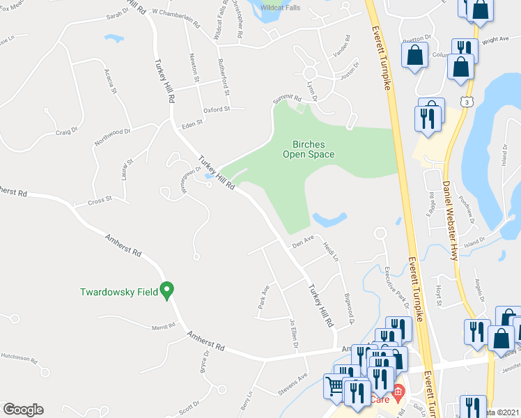 map of restaurants, bars, coffee shops, grocery stores, and more near 142 Turkey Hill Road in Merrimack