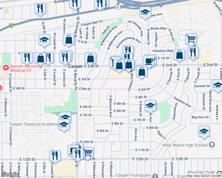 map of restaurants, bars, coffee shops, grocery stores, and more near 400 South Missouri Avenue in Casper