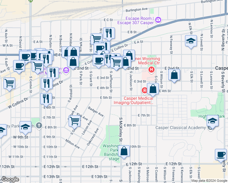 map of restaurants, bars, coffee shops, grocery stores, and more near 436 South Jefferson Street in Casper