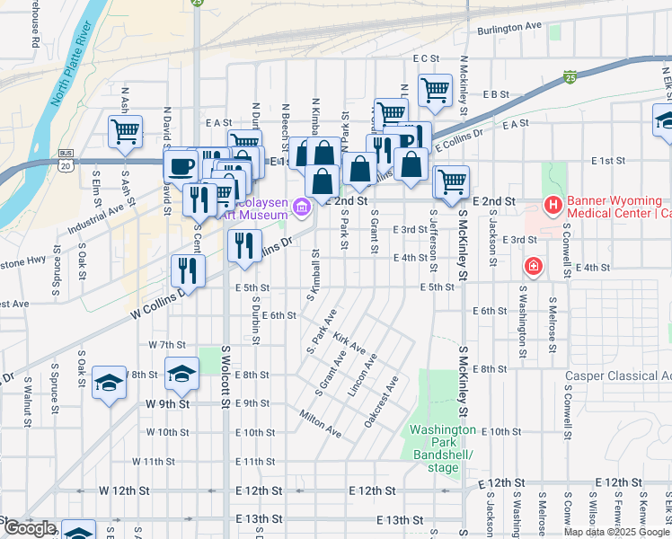 map of restaurants, bars, coffee shops, grocery stores, and more near 432 South Park Street in Casper