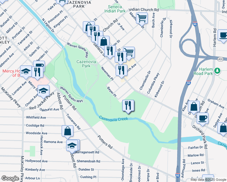 map of restaurants, bars, coffee shops, grocery stores, and more near 2 Wildwood Place in Buffalo