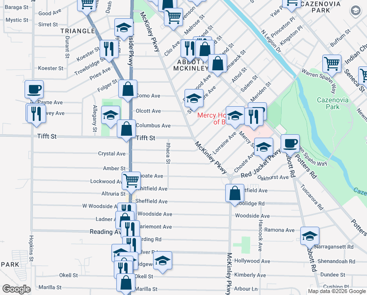 map of restaurants, bars, coffee shops, grocery stores, and more near 125 Richfield Avenue in Buffalo