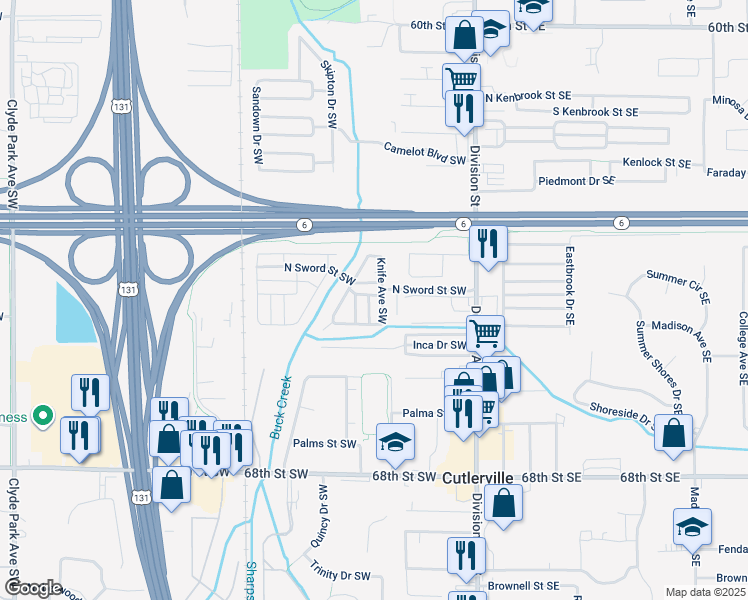 map of restaurants, bars, coffee shops, grocery stores, and more near 6525 Knife Avenue Southwest in Grand Rapids