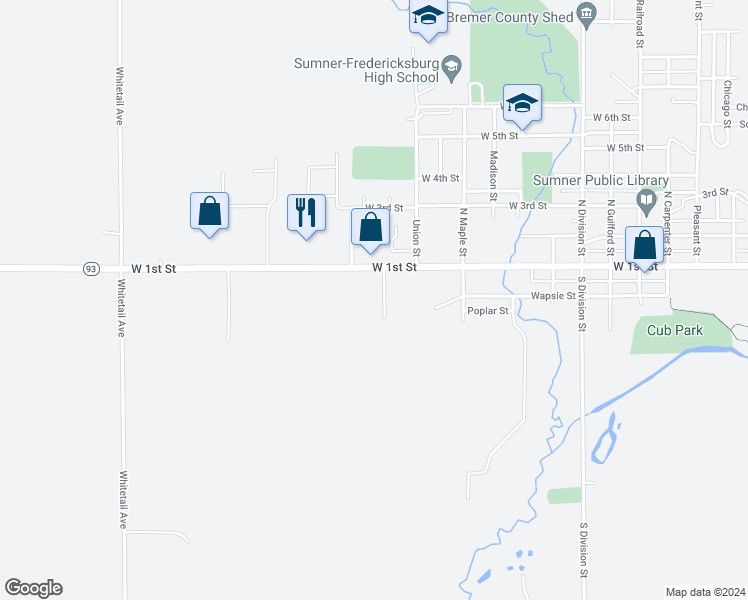 map of restaurants, bars, coffee shops, grocery stores, and more near 915 West 1st Street in Sumner