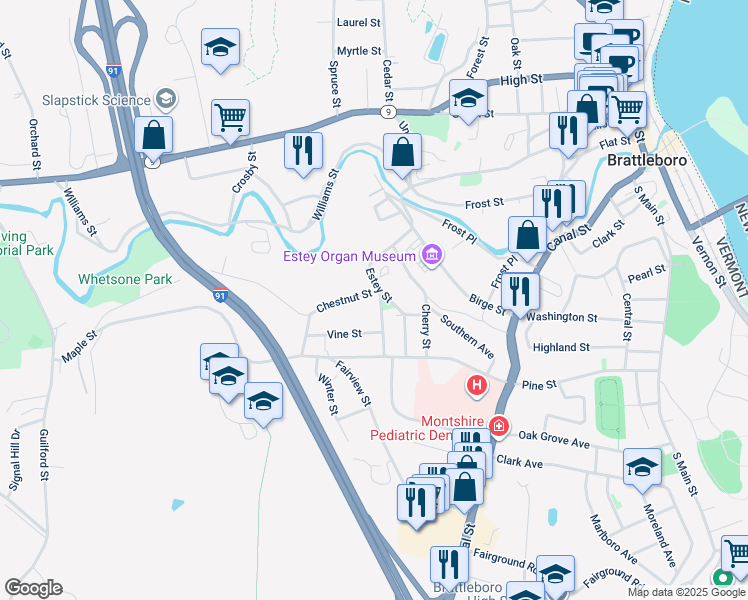 map of restaurants, bars, coffee shops, grocery stores, and more near 26 Pleasant Street in Brattleboro