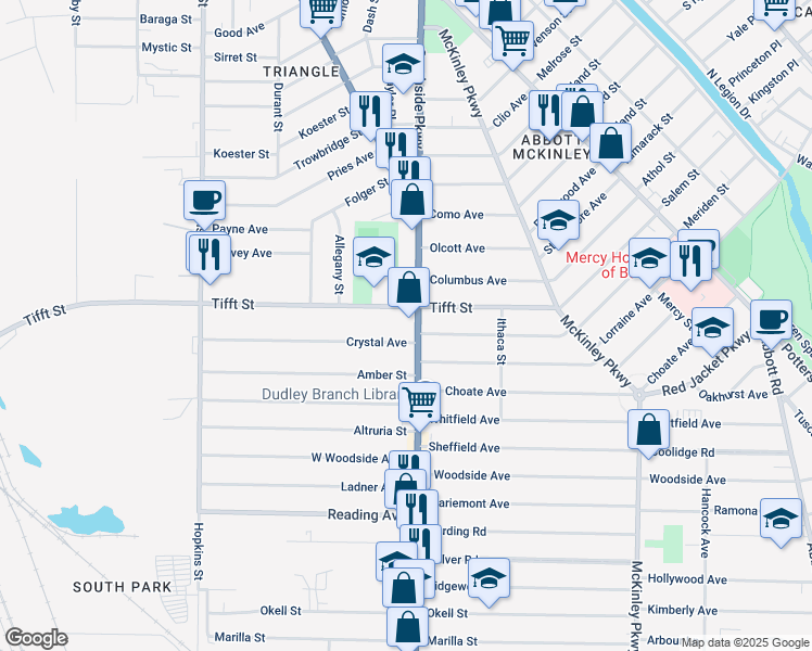 map of restaurants, bars, coffee shops, grocery stores, and more near 1938 U.S. 62 in Buffalo