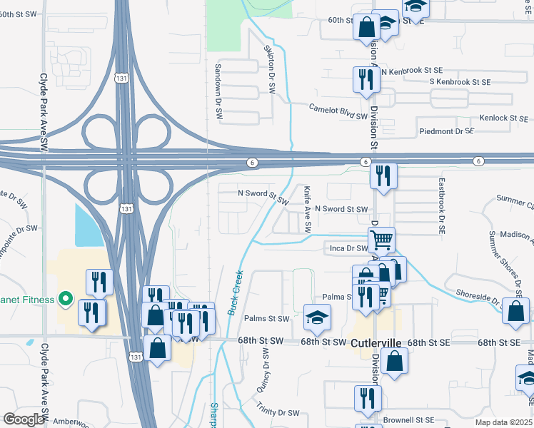 map of restaurants, bars, coffee shops, grocery stores, and more near 6486 Fork Avenue Southwest in Grand Rapids