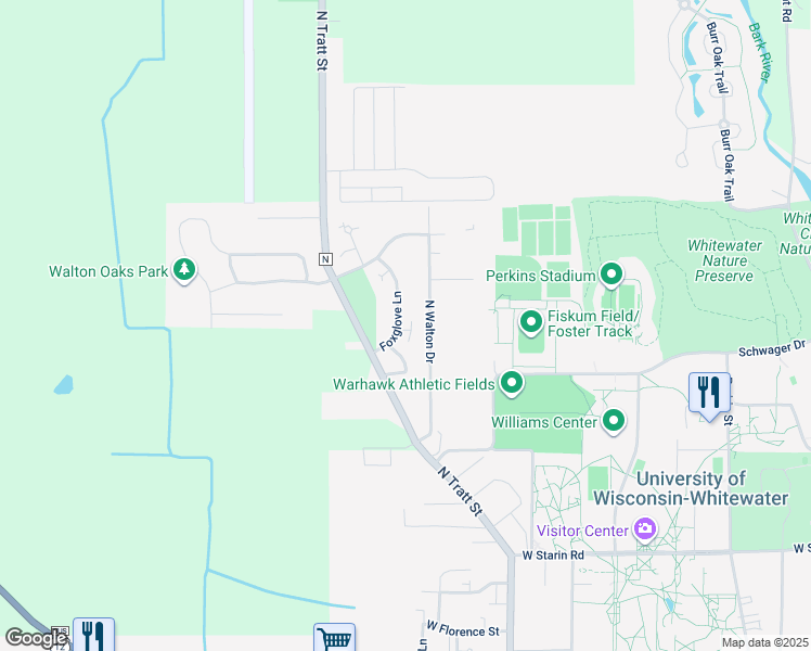 map of restaurants, bars, coffee shops, grocery stores, and more near 615 Foxglove Lane in Whitewater
