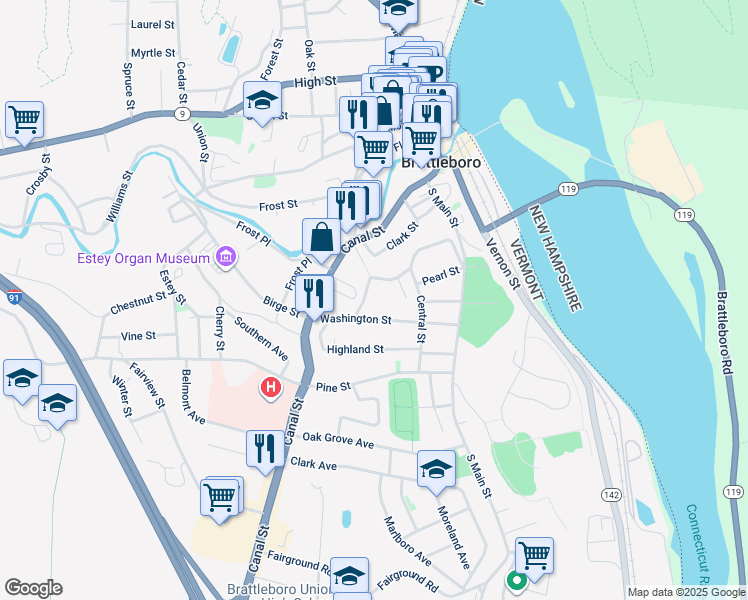 map of restaurants, bars, coffee shops, grocery stores, and more near 109 Washington Street in Brattleboro