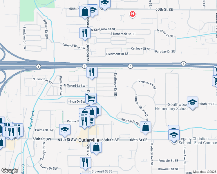 map of restaurants, bars, coffee shops, grocery stores, and more near 155 Southbrook Street Southeast in Grand Rapids