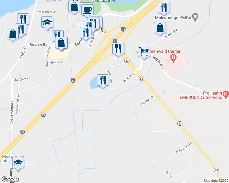 map of restaurants, bars, coffee shops, grocery stores, and more near 165 Wolf Run in Mukwonago