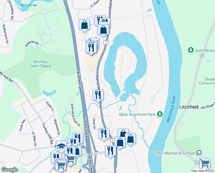 map of restaurants, bars, coffee shops, grocery stores, and more near 45 Pondview Drive in Merrimack