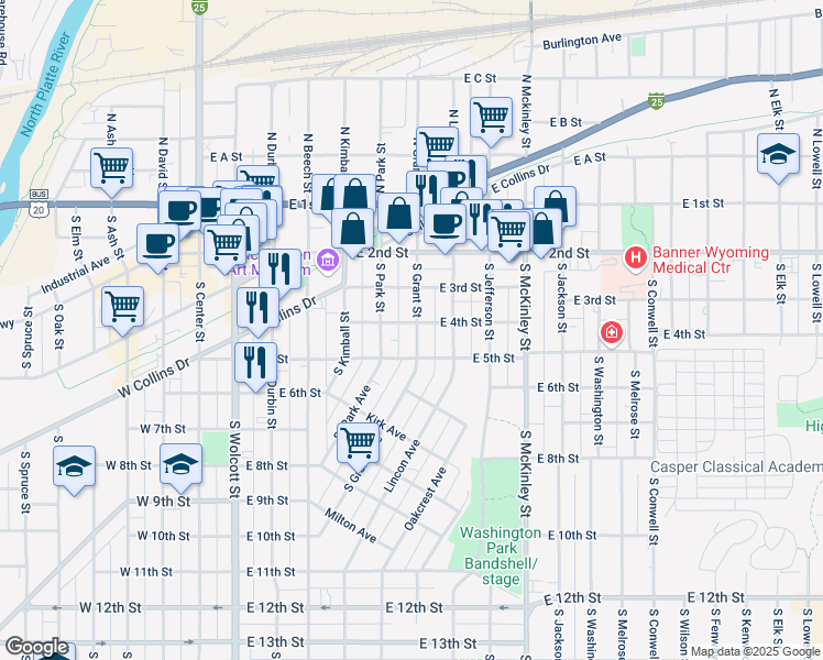 map of restaurants, bars, coffee shops, grocery stores, and more near 434 South Grant Street in Casper