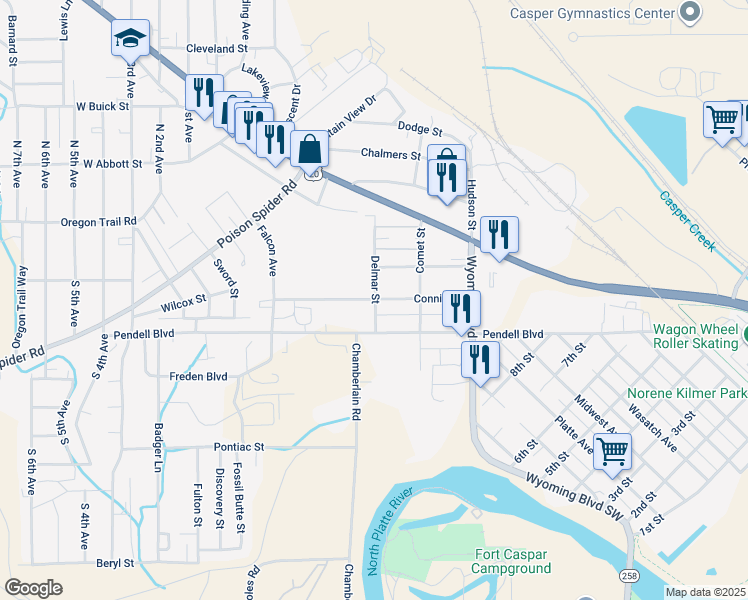 map of restaurants, bars, coffee shops, grocery stores, and more near 815 Connie Street in Mills