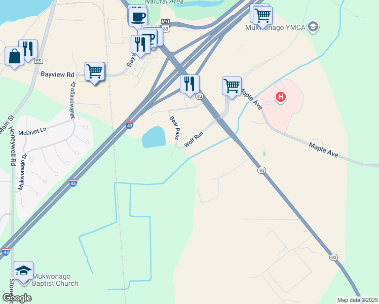 map of restaurants, bars, coffee shops, grocery stores, and more near 165 Wolf Run in Mukwonago