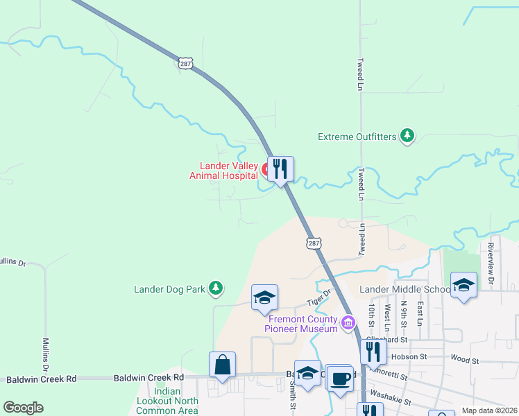 map of restaurants, bars, coffee shops, grocery stores, and more near 108 Antler Ct in Lander