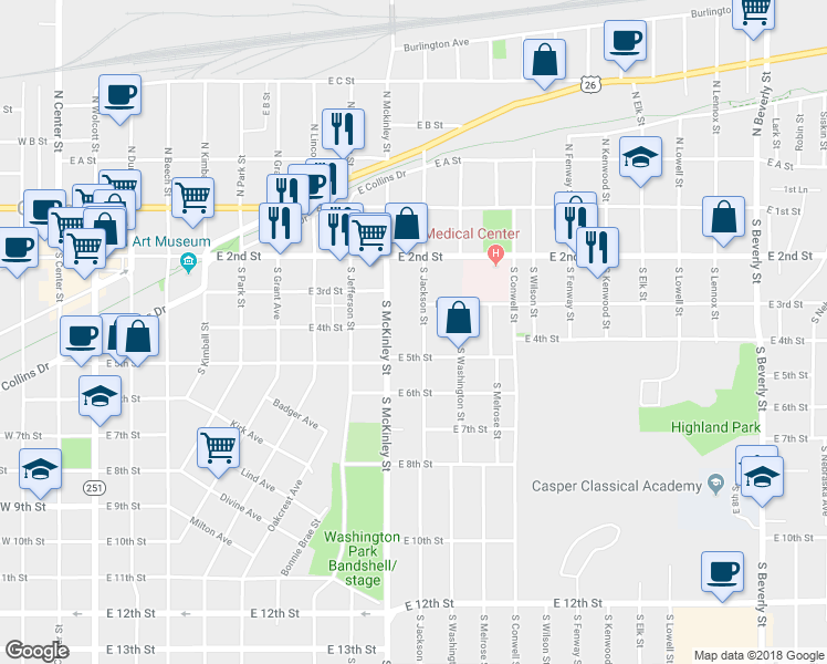 map of restaurants, bars, coffee shops, grocery stores, and more near 336 South Jackson Street in Casper