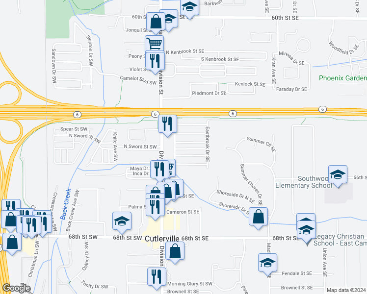 map of restaurants, bars, coffee shops, grocery stores, and more near 53 Centerbrook Street Southeast in Grand Rapids